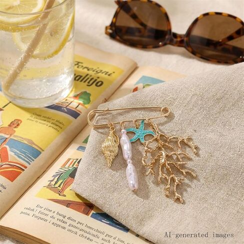 Ocean Style Charm Brooch Pins for Women Enamel Lobster/Crab/Sun/Coral Multi-Pendant Animal Pin Fashion Beaded Pearls Dangle Brooches for Clothes Bag Accessory in Kuwait