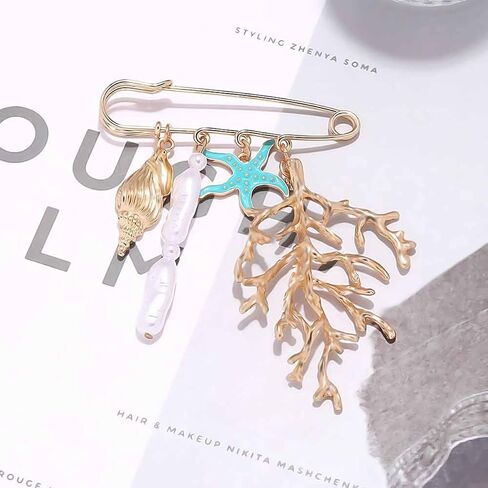 Ocean Style Charm Brooch Pins for Women Enamel Lobster/Crab/Sun/Coral Multi-Pendant Animal Pin Fashion Beaded Pearls Dangle Brooches for Clothes Bag Accessory in Kuwait