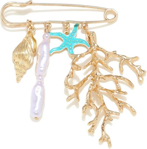 Ocean Style Charm Brooch Pins for Women Enamel Lobster/Crab/Sun/Coral Multi-Pendant Animal Pin Fashion Beaded Pearls Dangle Brooches for Clothes Bag Accessory in Kuwait