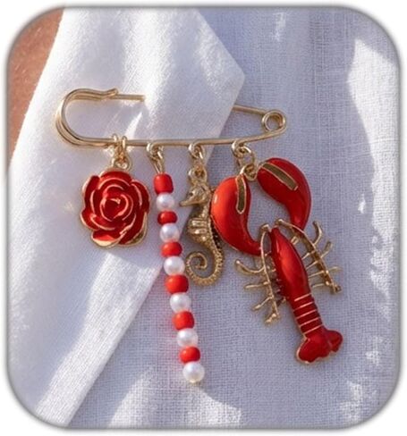 Ocean Style Charm Brooch Pins for Women Enamel Lobster/Crab/Sun/Coral Multi-Pendant Animal Pin Fashion Beaded Pearls Dangle Brooches for Clothes Bag Accessory in Kuwait
