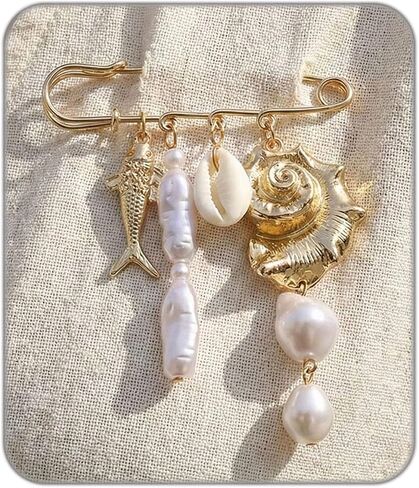 Ocean Style Charm Brooch Pins for Women Enamel Lobster/Crab/Sun/Coral Multi-Pendant Animal Pin Fashion Beaded Pearls Dangle Brooches for Clothes Bag Accessory in Kuwait