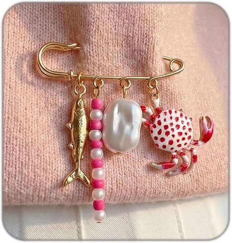 Ocean Style Charm Brooch Pins for Women Enamel Lobster/Crab/Sun/Coral Multi-Pendant Animal Pin Fashion Beaded Pearls Dangle Brooches for Clothes Bag Accessory in Kuwait
