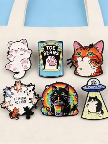 Enamel Pin Set - 6 Pcs Cute Cartoon Kitten Brooches,Funny UFO Abduction Cat Badges for Backpacks,Jackets,and Hats,Creative Gift. in Kuwait