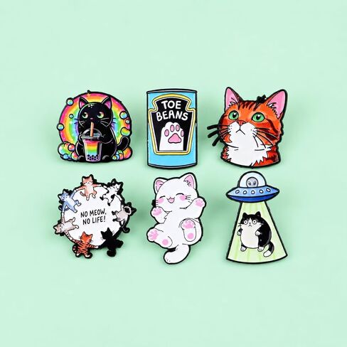 Enamel Pin Set - 6 Pcs Cute Cartoon Kitten Brooches,Funny UFO Abduction Cat Badges for Backpacks,Jackets,and Hats,Creative Gift. in Kuwait