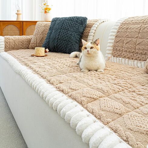 Sofa Pad, Plush Couch Cover Washable for Pet, Non-Slip Warm Couchs Cover, Funny Fuzzy Pet Couch Covers for Sofa, Sofa Slipcovers Furniture Covers for L Shaped(Light tan, 27.5"x 59") in Saudi Arabia