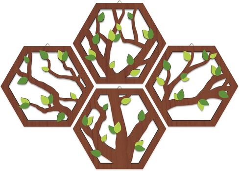 HOURIA 4 Pcs Wooden Tree of Life Wall Art, Rustic Green Leaves Hollow Brown Wall Hanging Decor for Living Room,8"*10"Abstract Modern Family Tree Wood Wall Sculpture for Farmhouse Bedroom Nursery in Saudi Arabia