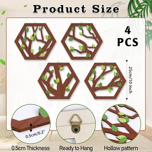 HOURIA 4 Pcs Wooden Tree of Life Wall Art, Rustic Green Leaves Hollow Brown Wall Hanging Decor for Living Room,8"*10"Abstract Modern Family Tree Wood Wall Sculpture for Farmhouse Bedroom Nursery in Saudi Arabia