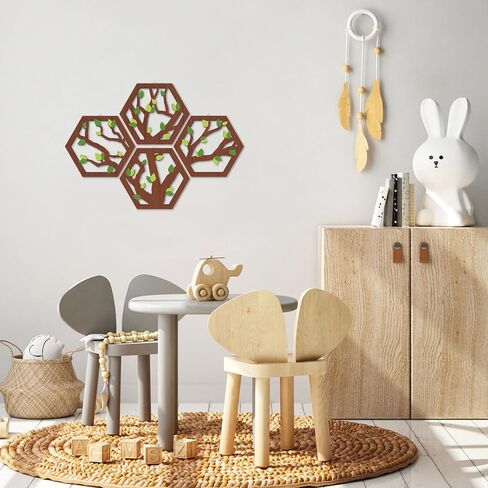 HOURIA 4 Pcs Wooden Tree of Life Wall Art, Rustic Green Leaves Hollow Brown Wall Hanging Decor for Living Room,8"*10"Abstract Modern Family Tree Wood Wall Sculpture for Farmhouse Bedroom Nursery in Saudi Arabia