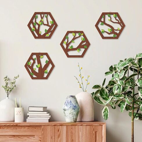 HOURIA 4 Pcs Wooden Tree of Life Wall Art, Rustic Green Leaves Hollow Brown Wall Hanging Decor for Living Room,8"*10"Abstract Modern Family Tree Wood Wall Sculpture for Farmhouse Bedroom Nursery in Saudi Arabia