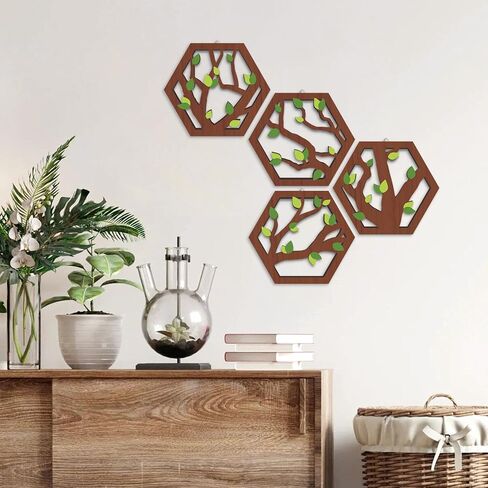HOURIA 4 Pcs Wooden Tree of Life Wall Art, Rustic Green Leaves Hollow Brown Wall Hanging Decor for Living Room,8"*10"Abstract Modern Family Tree Wood Wall Sculpture for Farmhouse Bedroom Nursery in Saudi Arabia