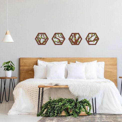 HOURIA 4 Pcs Wooden Tree of Life Wall Art, Rustic Green Leaves Hollow Brown Wall Hanging Decor for Living Room,8"*10"Abstract Modern Family Tree Wood Wall Sculpture for Farmhouse Bedroom Nursery in Saudi Arabia