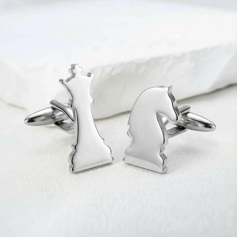 Men’s Chess Piece Cufflinks – Stainless Steel Game-Themed Cuff Links with Gift Box & Polishing Cloth – Available in Silver & Gold in Saudi Arabia