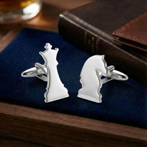 Men’s Chess Piece Cufflinks – Stainless Steel Game-Themed Cuff Links with Gift Box & Polishing Cloth – Available in Silver & Gold in Saudi Arabia