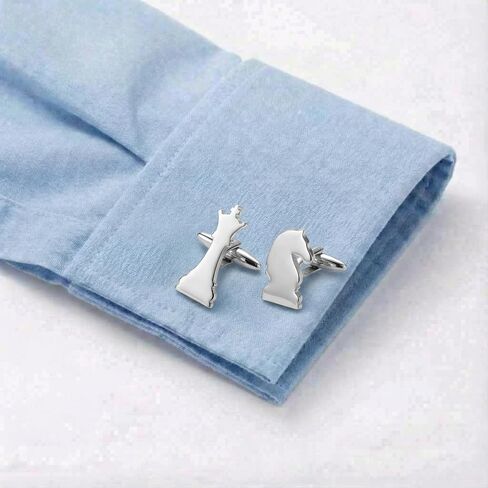 Men’s Chess Piece Cufflinks – Stainless Steel Game-Themed Cuff Links with Gift Box & Polishing Cloth – Available in Silver & Gold in Saudi Arabia