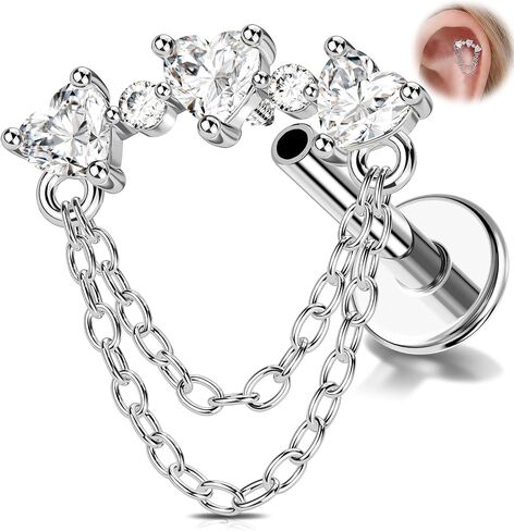 Melighting 16G Internally Threaded Chain Helix Piercing Stainless Steel 316L, Gold Cartilage Piercing with Heart CZ, 6 mm Lobe Earring Helix Lip Stud for Women in Kuwait