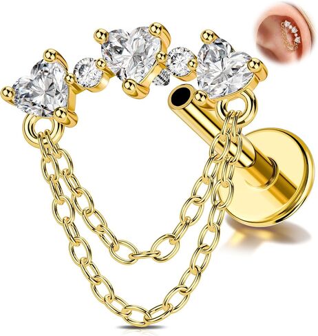 Melighting 16G Internally Threaded Chain Helix Piercing Stainless Steel 316L, Gold Cartilage Piercing with Heart CZ, 6 mm Lobe Earring Helix Lip Stud for Women in Kuwait