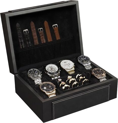 KAMIER Watch Box for Men, 6-Slot High End Wooden Watch Case with Jewelry Organizer, Watch Box Holder Organizer for Men Women, Watch Storage Box with Soft Velvet Pillows, Ideal for Gift in Kuwait