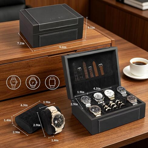 KAMIER Watch Box for Men, 6-Slot High End Wooden Watch Case with Jewelry Organizer, Watch Box Holder Organizer for Men Women, Watch Storage Box with Soft Velvet Pillows, Ideal for Gift in Kuwait