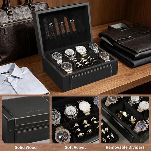 KAMIER Watch Box for Men, 6-Slot High End Wooden Watch Case with Jewelry Organizer, Watch Box Holder Organizer for Men Women, Watch Storage Box with Soft Velvet Pillows, Ideal for Gift in Kuwait