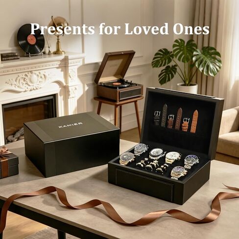 KAMIER Watch Box for Men, 6-Slot High End Wooden Watch Case with Jewelry Organizer, Watch Box Holder Organizer for Men Women, Watch Storage Box with Soft Velvet Pillows, Ideal for Gift in Kuwait