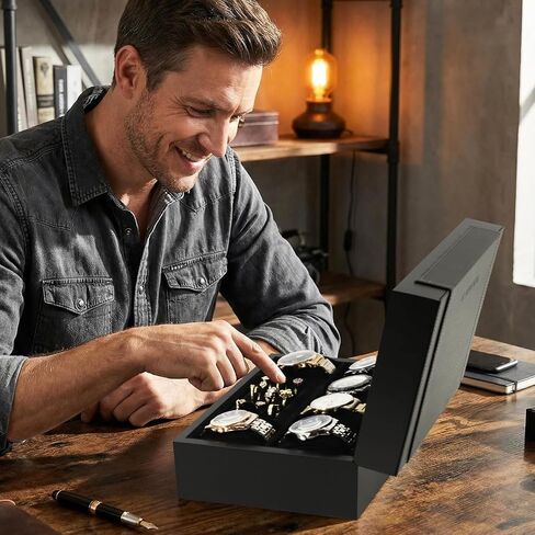 KAMIER Watch Box for Men, 6-Slot High End Wooden Watch Case with Jewelry Organizer, Watch Box Holder Organizer for Men Women, Watch Storage Box with Soft Velvet Pillows, Ideal for Gift in Kuwait