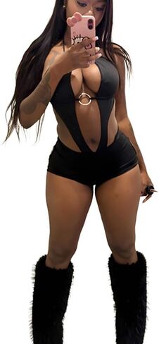 Molilove Women’s Sexy Romper Hollow Sleeveless Halter Tie Back Bodycon Shorts Jumpsuit Y2K Backless One Piece Clubwear in Saudi Arabia