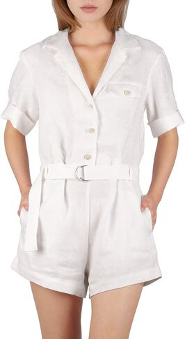 100% Linen Rompers for Women Summer Casual Jumpsuits Short Sleeves Button Down Belt One Pieces Clothing in Saudi Arabia
