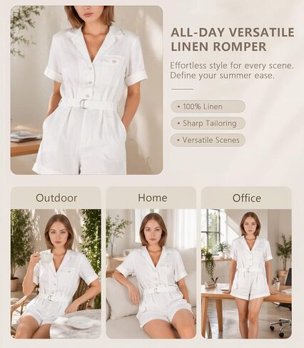 100% Linen Rompers for Women Summer Casual Jumpsuits Short Sleeves Button Down Belt One Pieces Clothing in Saudi Arabia