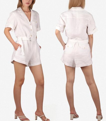 100% Linen Rompers for Women Summer Casual Jumpsuits Short Sleeves Button Down Belt One Pieces Clothing in Saudi Arabia