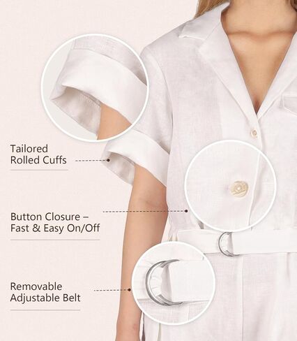 100% Linen Rompers for Women Summer Casual Jumpsuits Short Sleeves Button Down Belt One Pieces Clothing in Saudi Arabia