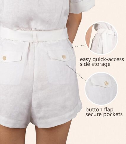 100% Linen Rompers for Women Summer Casual Jumpsuits Short Sleeves Button Down Belt One Pieces Clothing in Saudi Arabia