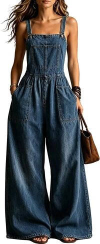 Women's Adjustable Straps Denim Bib Overalls Elastic Waist Jeans Vintage Washed Baggy Wide leg Jumpsuits in Kuwait