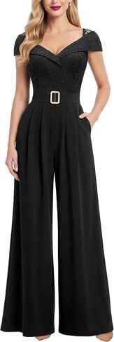 Miusol Women's Deep V-Neck Sleeveless Lace Casual Jumpsuit With Pockets in Kuwait