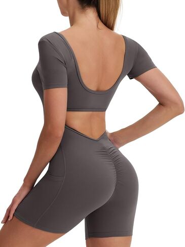ECUPPER Women One Piece Workout Jumpsuits Backless Tummy Control Sleeveless Bodysuit Gym Scrunch Yoga Romper with Pocket in Saudi Arabia
