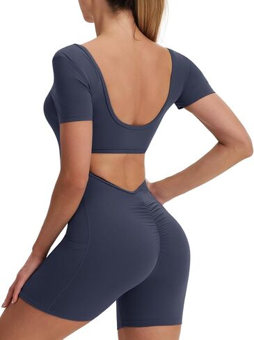 ECUPPER Women One Piece Workout Jumpsuits Backless Tummy Control Sleeveless Bodysuit Gym Scrunch Yoga Romper with Pocket in Saudi Arabia