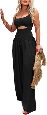 Women's summer vest waistband wide leg jumpsuit, sleeveless camisole sports jumpsuit in Saudi Arabia