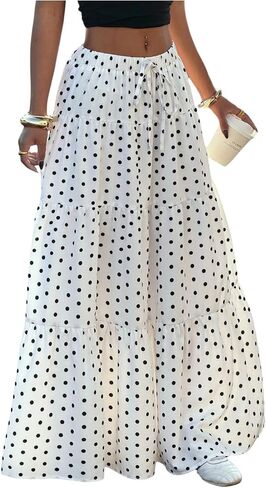 RoseSeek Women's Polka Dots Flowy Maxi Skirt Elastic High Waisted A Line Skirt Going Out Outfits in Kuwait