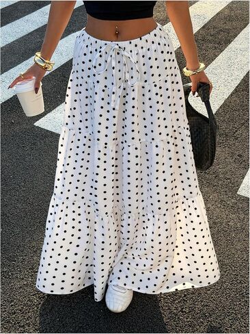 RoseSeek Women's Polka Dots Flowy Maxi Skirt Elastic High Waisted A Line Skirt Going Out Outfits in Kuwait