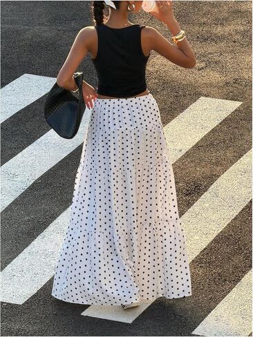 RoseSeek Women's Polka Dots Flowy Maxi Skirt Elastic High Waisted A Line Skirt Going Out Outfits in Kuwait