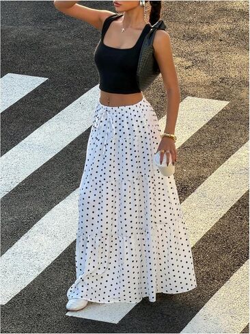 RoseSeek Women's Polka Dots Flowy Maxi Skirt Elastic High Waisted A Line Skirt Going Out Outfits in Kuwait