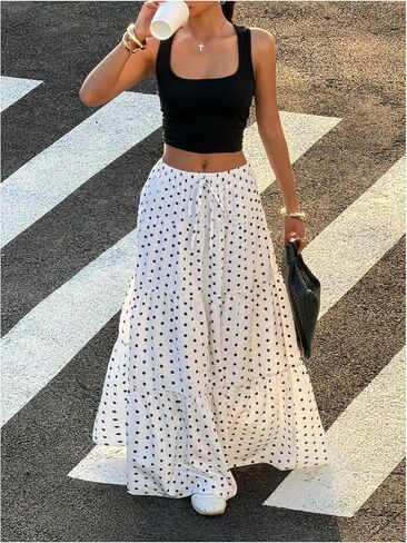 RoseSeek Women's Polka Dots Flowy Maxi Skirt Elastic High Waisted A Line Skirt Going Out Outfits in Kuwait