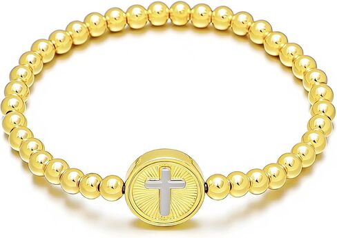 KOMI Gold Beads Bracelets for Women 14K/18K Gold Plated Beaded Stretch Bracelets Christian Faith Gifts Religious Stackable Bracelet Jewelry in Kuwait