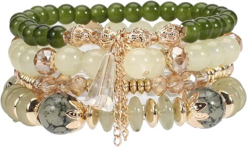 Fuqimanman2020 Boho Stackable Beaded Bracelet Set Multi-Layer Bohemian Stretch Bracelets with Tassel Charm Gold Accent Beaded Jewelry for Women in Kuwait