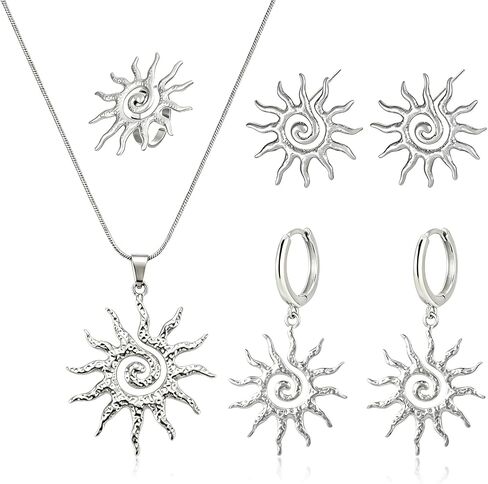 4 Piece Boho Sun Jewelry Set for Women Gold Sunburst Stud Earrings and Dangle Earrings Dainty Chunky Spiral Ring Magical Sun Pendant Necklace Vintage Prom Party Gifts in Kuwait