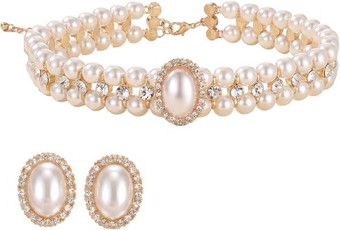 White Bead Necklace and Earring Vintage Gold Pearl Necklace Choker with Rhinestone Adjustable Faux Pearl Costume Jewelry Set for Wedding Bridal Birthday Tea Party in Kuwait