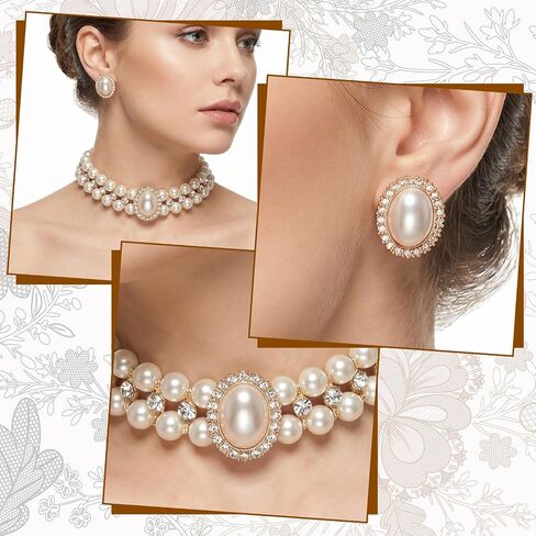 White Bead Necklace and Earring Vintage Gold Pearl Necklace Choker with Rhinestone Adjustable Faux Pearl Costume Jewelry Set for Wedding Bridal Birthday Tea Party in Kuwait