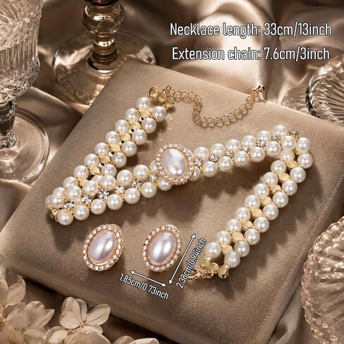 White Bead Necklace and Earring Vintage Gold Pearl Necklace Choker with Rhinestone Adjustable Faux Pearl Costume Jewelry Set for Wedding Bridal Birthday Tea Party in Kuwait