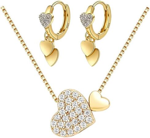 LOVECOM Gold Heart Dangle Earrings Necklaces Jewelry Set for Women Brides with Cubic Zirconia 925 Sterling Silver Heart Drop Hoop Earring and Necklace Wedding Gifts for Mother Daughter in Kuwait