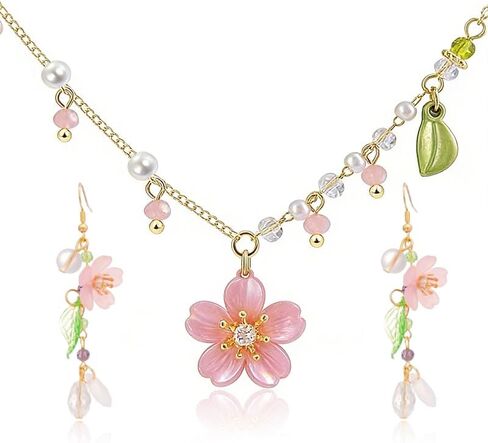 Lily of the Valley Pearl Necklace Earrings Set for Women Pink Flower Dangle Earrings Woodland Elf Fantasy Necklace Summer Refreshing Seaside Idyllic Holiday Jewelry Gift in Kuwait