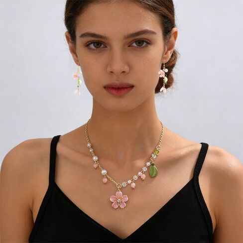 Lily of the Valley Pearl Necklace Earrings Set for Women Pink Flower Dangle Earrings Woodland Elf Fantasy Necklace Summer Refreshing Seaside Idyllic Holiday Jewelry Gift in Kuwait